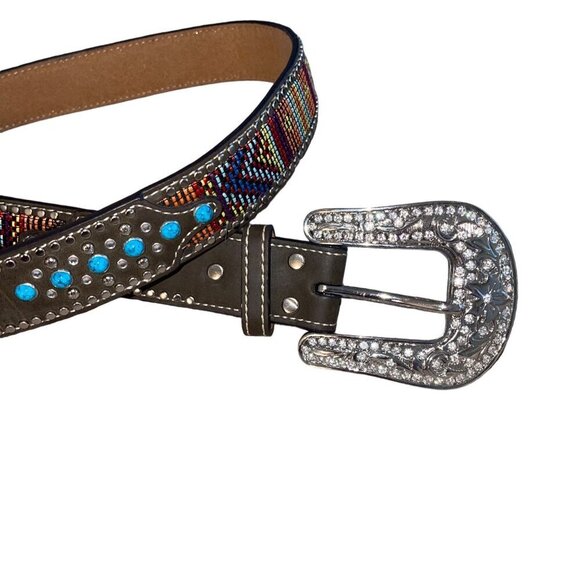 Blazin Roxx Womens Belt Size Medium Brown Aztec Design Bling Leather - Picture 2 of 8